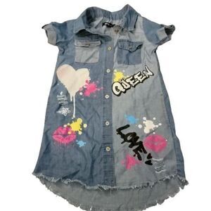 Girls Blue Collared Cuffed Sleeve Pockets Distressed Denim Shirt Dress Size 5/6
